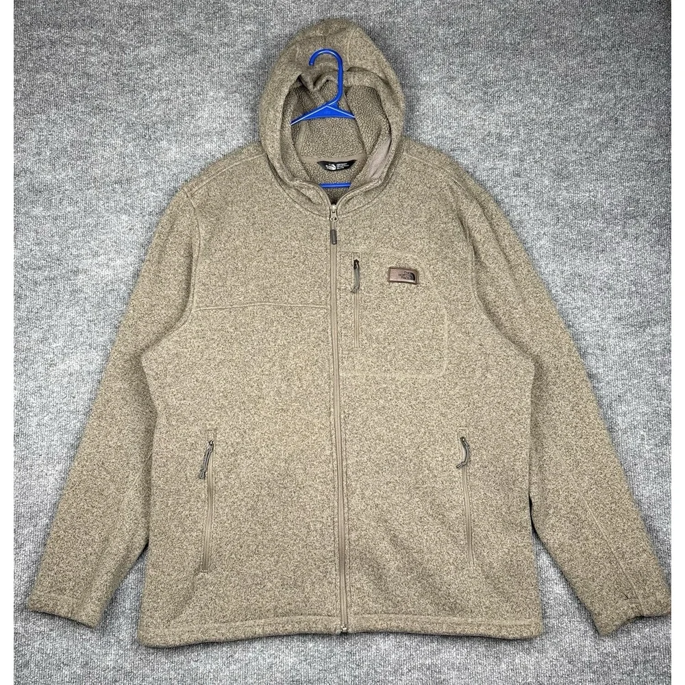 The North Face Jacket Men XXL Brown Sherpa Fleece Hooded Full Zip Sweater Knit